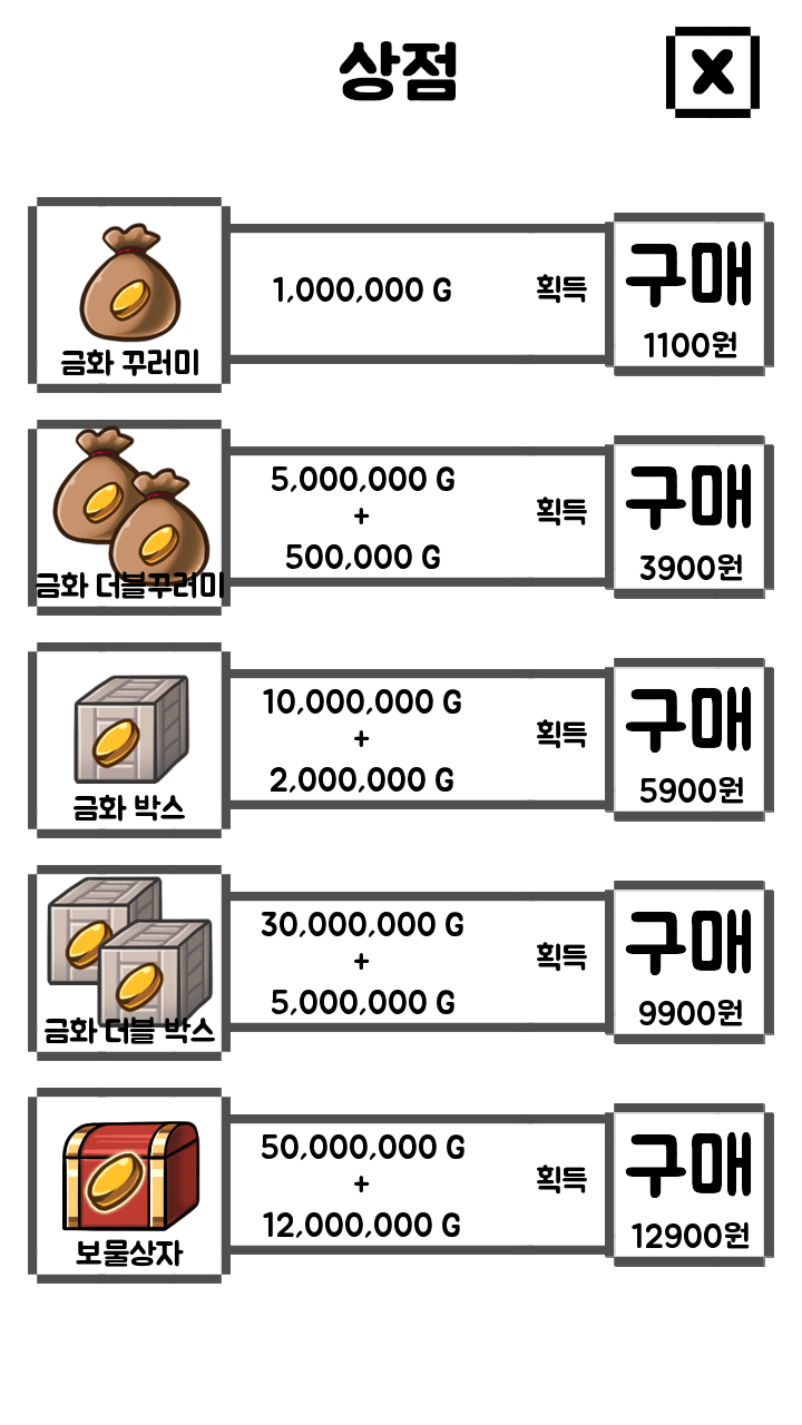 다음 강화에 사용할 골드 상품과 획득량을 살펴보는 실제 상점 화면